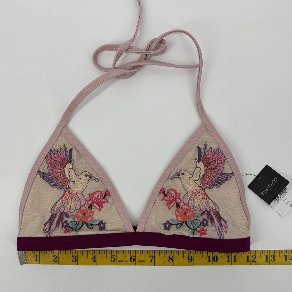 Topshop Embroidered Floral Bikini Top Size 4 Pink Halter Swimwear Y2K FairyCore